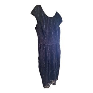 Alex Evenings Cocktail Dress sequined lace overlay tulip Black cap sleeves 12P